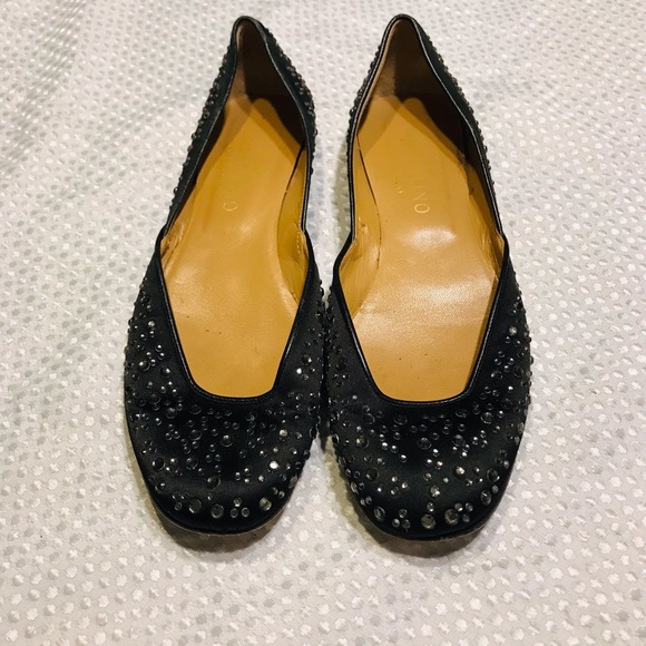 Valentino Garavani Swarovski Crystal Studded Flats Black Satin Size 8.5 - Picture 4 of 14